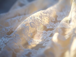 Macro winter wedding detail showcasing an intricate lace gown pattern illuminated by soft cold light, revealing delicate shimmer, refined texture, and shallow depth of field for an elegant bridal aest