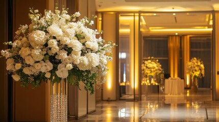 Luxurious winter wedding floral display placed on a grand pedestal at the ceremony hall entrance, enhanced by warm ambient lighting that highlights delicate white flowers and shimmering crystal d&eacute;cor 