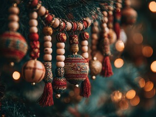 Macro shot of traditional Russian holiday garland with handcrafted wooden beads and red-gold accents hanging on modern Christmas tree, soft warm ambient lighting 