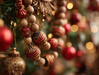 Macro shot of traditional Russian holiday garland with handcrafted wooden beads and red-gold accents hanging on modern Christmas tree in soft warm ambient lighting