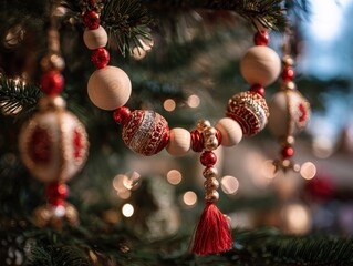 Traditional Russian holiday garland with handcrafted wooden beads and red-gold accents on modern Christmas tree, macro view with warm ambient lighting