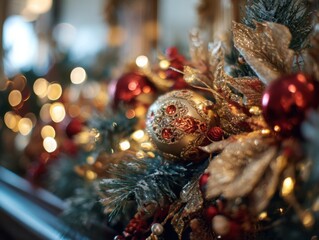 Macro view illuminated garland on pine branches in warm festive style, red-and-gold Russian-inspired decorations representing holiday decor