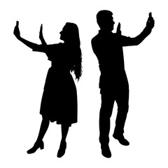 Silhouette of man and woman with mobile phone. Vector illustration.