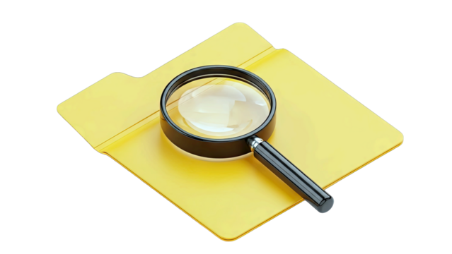 Yellow Folder With Magnifying Glass On A Transparent Background Representing Investigation And Analysis