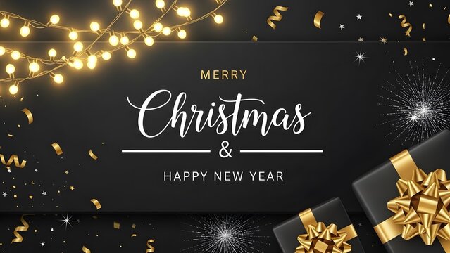 Elegant black background with golden string light, confetti, and gift box for merry christmas and happy new year greeting banner design - Powered by Adobe