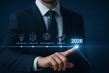 Business roadmap to 2026 success concept. A finger points directly at the target milestone, symbolizing goals, leadership vision, and long-term planning.
