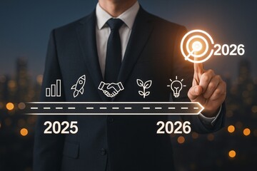Business roadmap to 2026 success concept. A hand selects the highlighted goal, representing corporate planning, annual objectives, and future business direction.