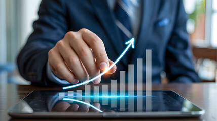 Business Hand Touching Tablet With Upward Arrow and Data Visualization