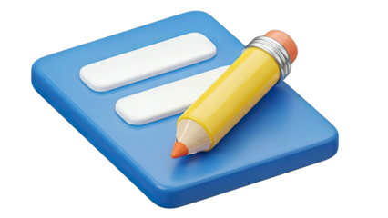 Yellow Pencil Writing on a Blue Notepad with White Lines Isolated on a Transparent Background Representing Note Taking and Planning