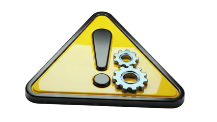 Yellow Warning Sign With Gears And Exclamation Point Symbol In 3D Render On A Transparent Background