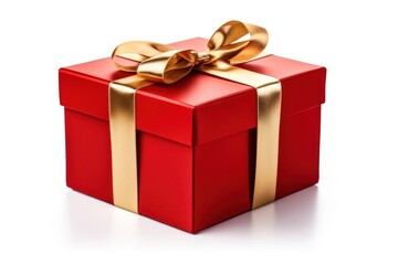 Fototapeta premium Red gift box ribbon gold white background.