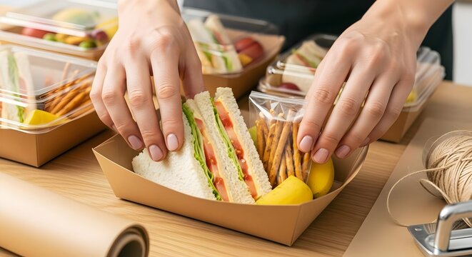 Sandwich meal prep boxes: healthy lunch, brown paper packaging, fresh ingredients, takeaway food, catering service - Powered by Adobe