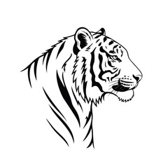 Fototapeta premium Black and white illustration of a tiger's head in profile, showcasing detailed stripes and facial features against a clean white background.