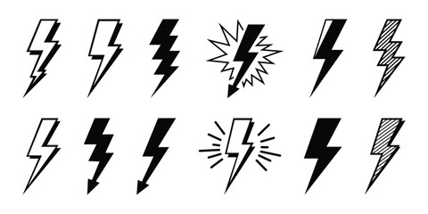 Lightning Bolt Power Energy Icon Electricity Strike Set Vector