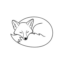 Obraz premium A serene line drawing of a sleeping fox curled up in a circle on a white background with minimalist design.