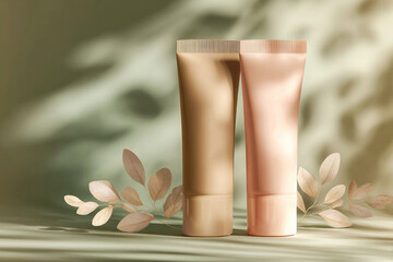 Cosmetic tubes for creams, lotions, or foundation products. Unmarked plastic containers for gels and liquids.