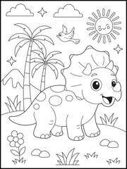 Cute Triceratops Dinosaur in a Sunny Prehistoric Jungle with Palm Trees, Bird, Mountains and Flowers. Fun Kids Dinosaur Coloring Page. Printable Dino Line Art for Children
