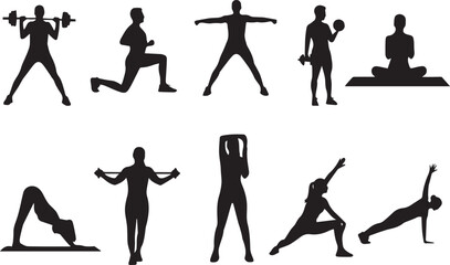 Collection of Fitness Silhouettes Demonstrating Various Exercises and Yoga Poses