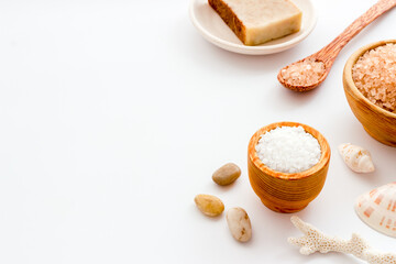 Essential oil in bottles and spa cosmetics, close up. Beauty spa therapy cosmetics and wellness background