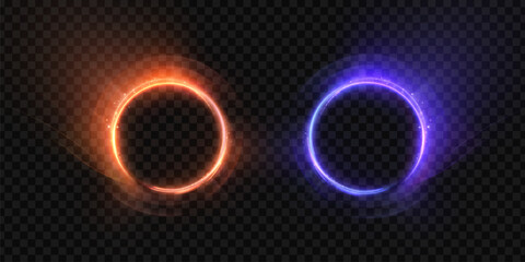 Two bright neon halos forming circular energy portals on a dark grid, glowing ring borders for sci fi posters, streaming thumbnails, logo reveals and HUD interface graphics.
