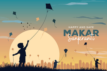 Makar Sankranti Poster design with child flying kite and cityscape. Makar Sankranti is a Hindu harvest festival celebrated across India. Vector illustration. © RMAKE