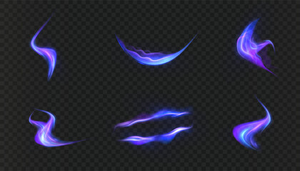 Blue-purple curved swirls of light in the form of a fast magical trail on a dark background  arc-shaped glow for spell effects in the game interface.   © MAKSYM