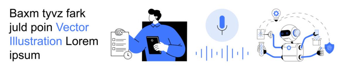 Artificial intelligence, voice command, data analysis, smart assistant, automation, communication. Person holding a tablet, microphone icon robot with data symbols. AI and voice command technology