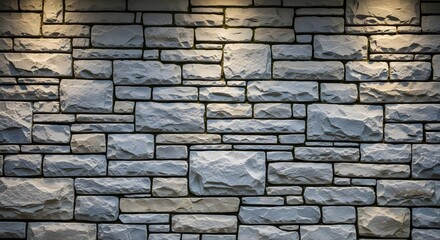 Obraz premium Grey stone wall texture, illuminated by warm lights, creating a rustic and durable masonry background suitable for architectural design and decorative elements