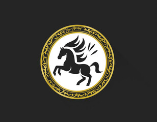 Premium flat vector badge with gold ornamental frame and fire horse icon, elegant minimal style, isolated white background