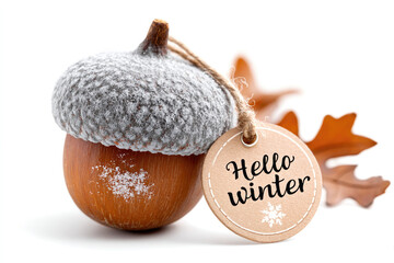 Frosted acorn greeting card design for winter theme with hello winter tag and oak leaves on white background