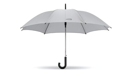 Gray Umbrella with Curved Handle Standing Open on White Background