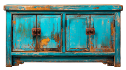 Vintage Distressed Turquoise Wooden Cabinet with Rustic Texture, Antique Storage Furniture Isolated on Transparent Background
