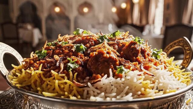 "drone-style rotating shot around Delhi biryani plate, spicy masala layer and steam visible