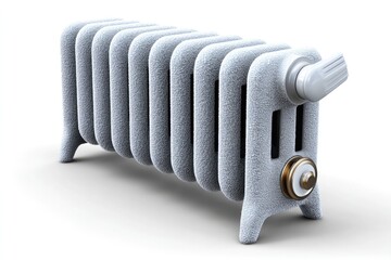 Frost-covered portable radiator on white background for winter heating concept