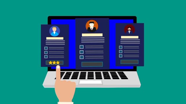 Online recruitment animation concept with a business hand selecting a job applicant document and a green checkmark indicating acceptance. Clean digital hiring visualization