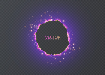 Glowing purple round magic portal with sparkling particles forming a bright energy ring on transparent background, vector frame for magical UI overlays.