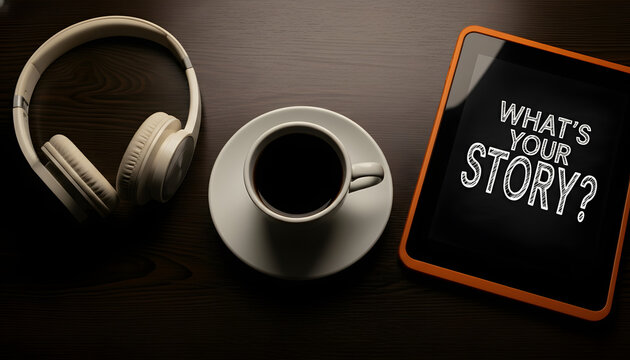 White headphones, a cup of coffee, and a tablet with "WHAT'S YOUR STORY?" on a dark wooden table, suggesting a creative or reflective moment.