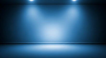 A dark, empty room with two bright blue spotlights illuminating a reflective floor, creating an atmospheric and dramatic scene.