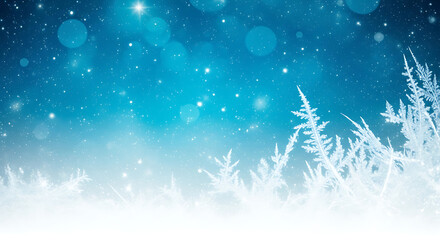 A dreamy winter scene with falling snow, frosted branches, and soft, glowing bokeh lights against a deep blue sky.