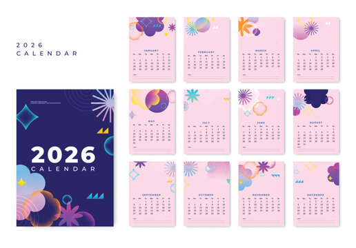 Abstract monthly calendar 2026, Calendar template, Ready to print, easy editable vector, Fluid colorful abstract background, Illustration