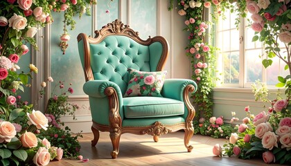 Beautiful classic chair with wooden frame and floral pattern cushion high resolution picture