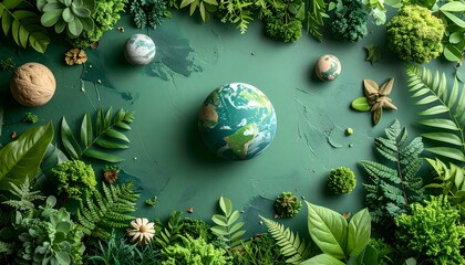 Earth Model Surrounded by Green Plants and Foliage in Eco-friendly Environment