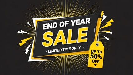 End of year sale banner design with limited time offer tag up to fifty percent off against a dark background with bright explosion effect