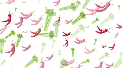 Scattered red peppers and green celery for food blog header, recipe book cover, or social media post about fresh ingredients.