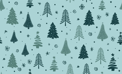 Christmas tree pattern on green background, Hand drawn illustrations.	
