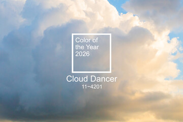 Demonstrating color of 2026 year. Cloud Dancer. White background with text color of the year 2026