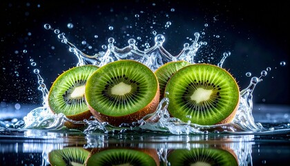 Kiwi fruit slices splash spectacularly in water
