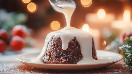温かい光と装飾を背景に濃厚なクリームソースがかけられる伝統的なクリスマスプディング