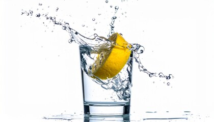 Lemon wedge splashing into clear glass