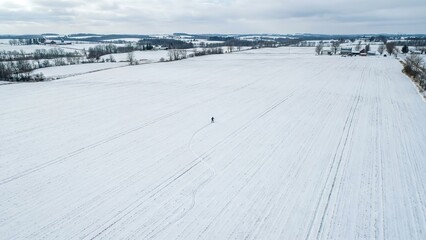 Fototapeta premium A solitary figure stands in a vast, snow-covered field under a cloudy winter sky.